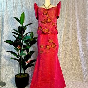Fuschia Pink Inabel Serpentine Terno Gown w/ embroidery appliqués & rhinestones